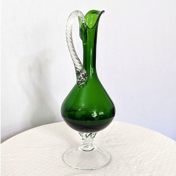 MCM 12” Empoli Rossini ? Hand-Blown Glass Ewer Pitcher in 1960s-1970s Green SEE - Picture 2 of 9